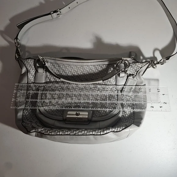 Coach Kristen Woven Round Leather Satchel $498 Authentic Gray/Silver VGUC - Picture 10 of 16